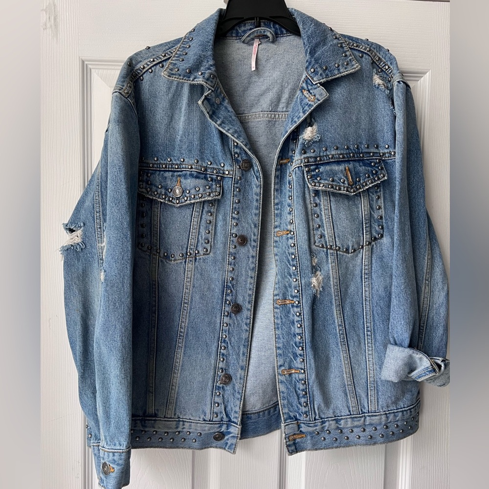 Free People Blue Jean Jacket with Studded Details